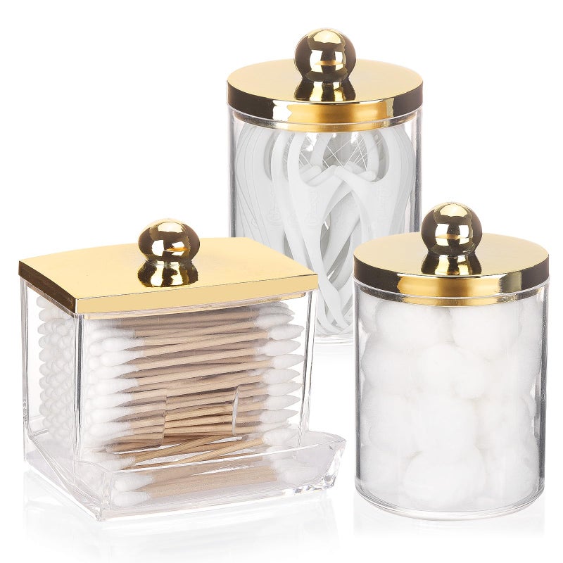 Tbestmax 10oz Cotton Ball Holder 7oz Qtips Dispenser, Bathroom Container Organizer for Storage Cotton Swabs, Pads - Apothecary Jar with Gold Lids - Image 1